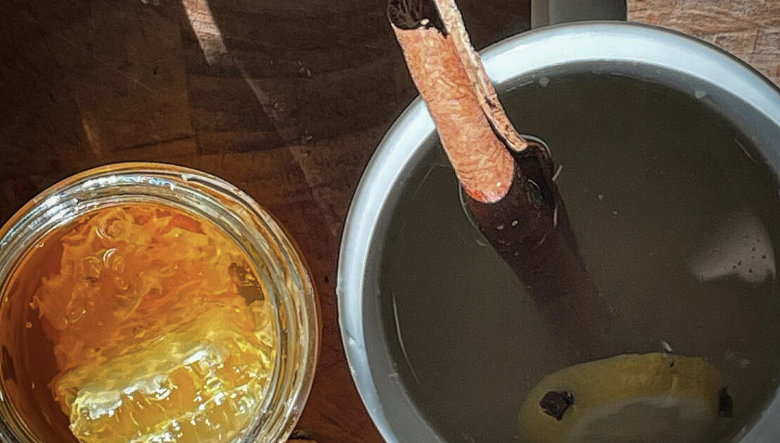 Hot toddy in the sun with honey, lemon and ginger