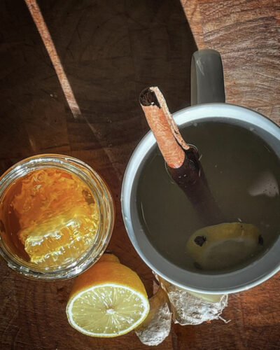 Hot toddy in the sun with honey, lemon and ginger